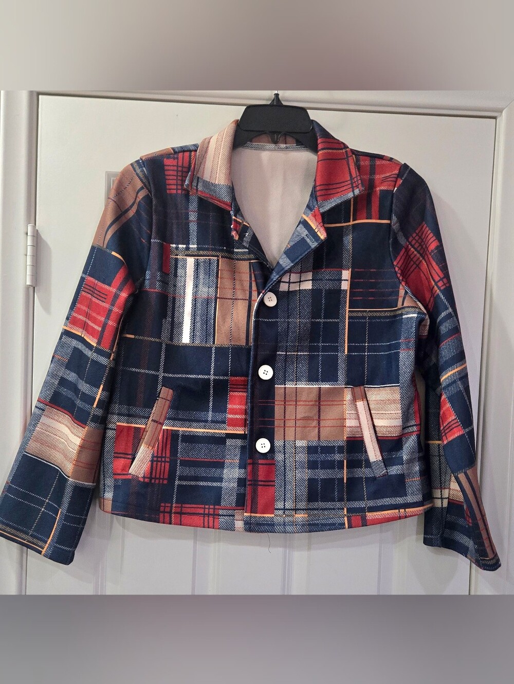 Burgundy and Navy Women's Plaid Patchwork Blazer
